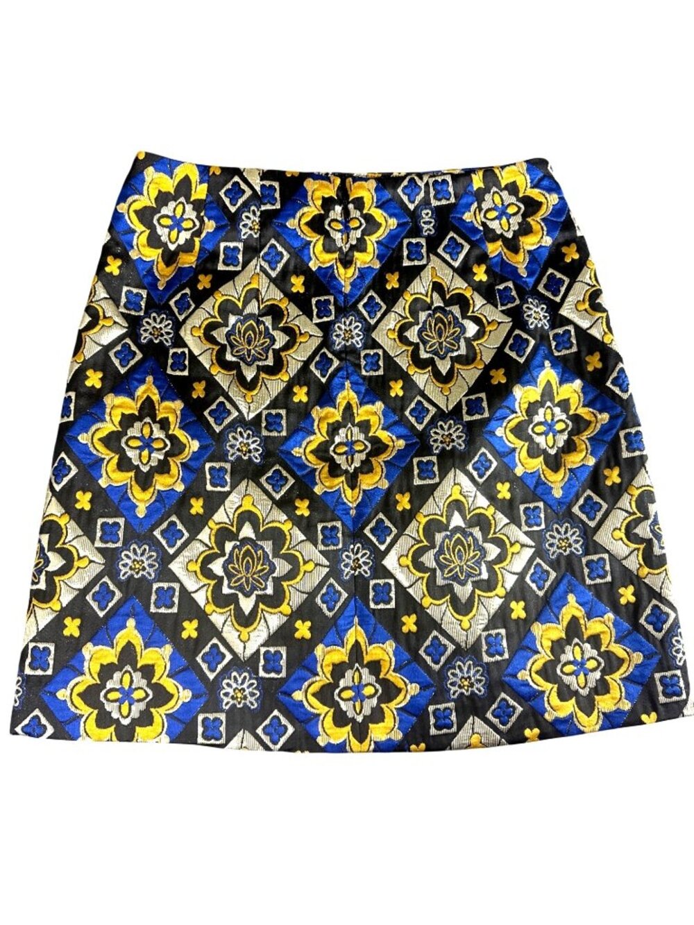 LOFT Petite Metallic Jacquard Mini Skirt Blue Gold Tile Print Size OP Preppy - Picture 2 of 8